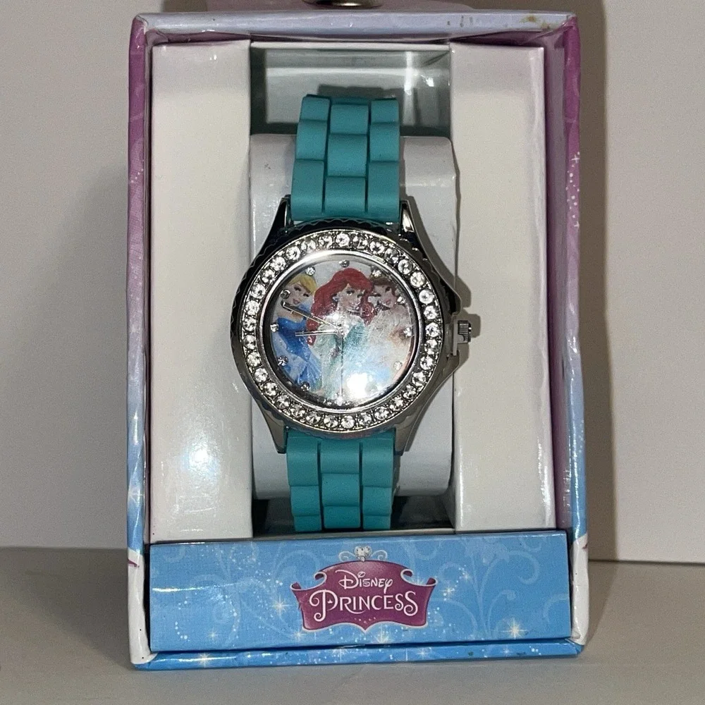Vintage Disney Princess Watch Double Rhinestone Trimmed Face NIB‎ Teal Blue Band
